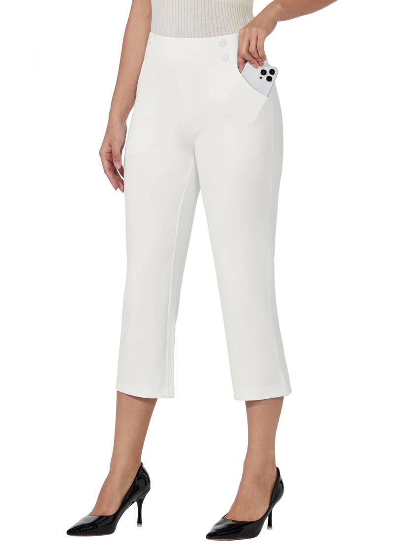 Willit Women's Capri Pants Dress Yoga Capri Stretch Business Work Casual Capris Straight Leg Office Pants 21" White M - Image 1