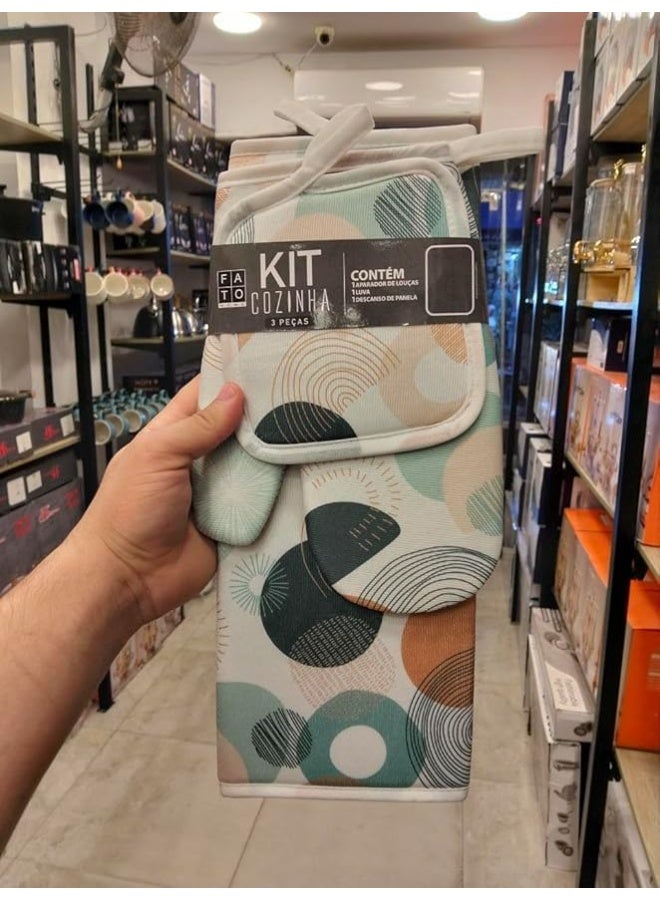 طقم مجفف مطبخ، 3 قطع، خامة سريعة الجفاف، يشمل قفازًا وحامل صينية، باللون الأخضر. - Image 1