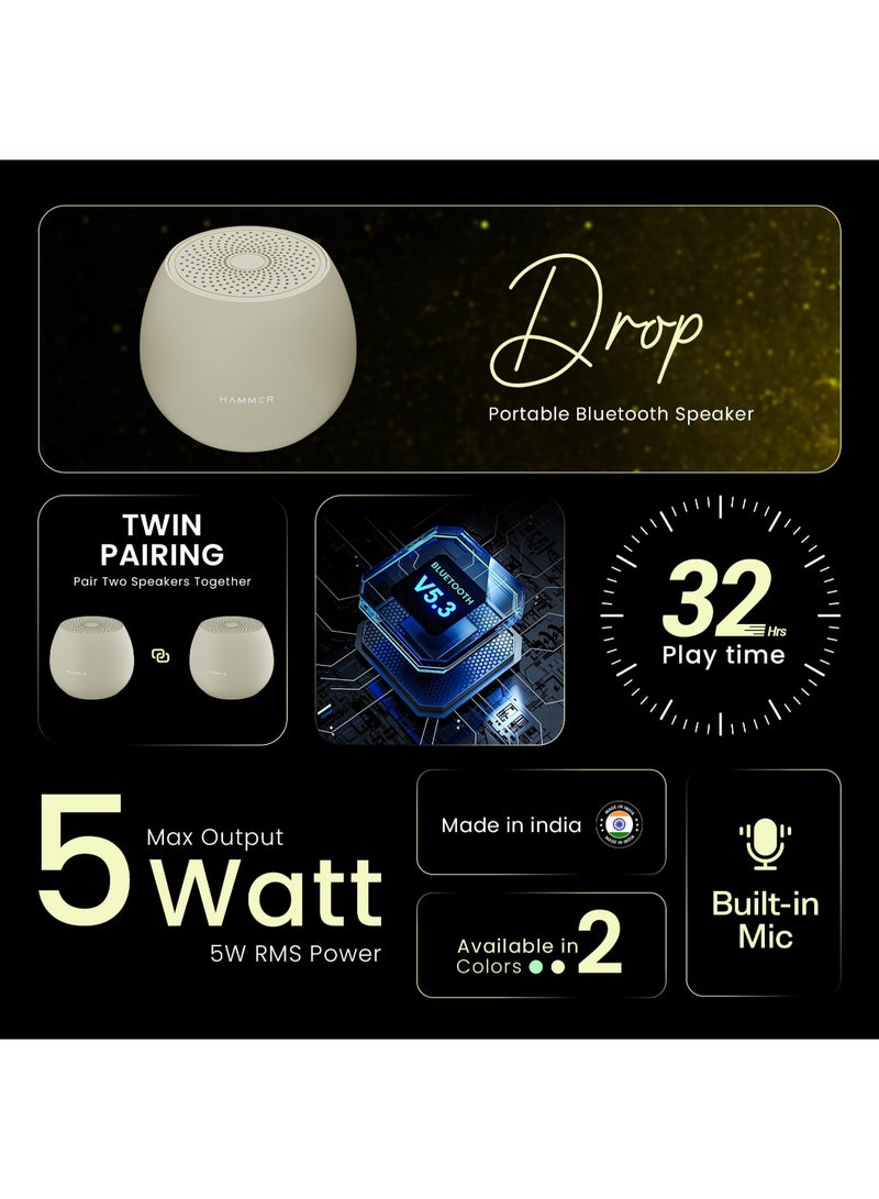 Hammer Renewed - Drop 5W Bluetooth Wireless Speaker with Twin Pairing, 1200 mAh Battery, 100H Standby Time, TWS Function, TF Card, USB Slot, Auto-Pairing, in-Built Mic, Type-C Charging, 52mm Driver (Green) - Image 2