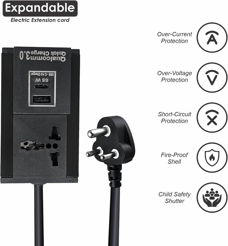 MX Extension Board with USB-C PD 65W & USB-A Port – Universal 3-Pin Socket, 6A to 13A, Flame-Retardant Body, Safety Shutter, 1.5 Meter Heavy-Duty Cable, Power Strip for Home & Office - Image 4