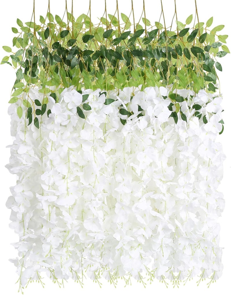 INSUNSIX 12pcs Wisteria Hanging Flowers 3.6ft Wisteria Artificial Flowers Vines White Silk Long Flowers Garland Fake Flower Ratta String for Wedding Arch Home Party Wall Backdrop Decorations (White) - Image 1