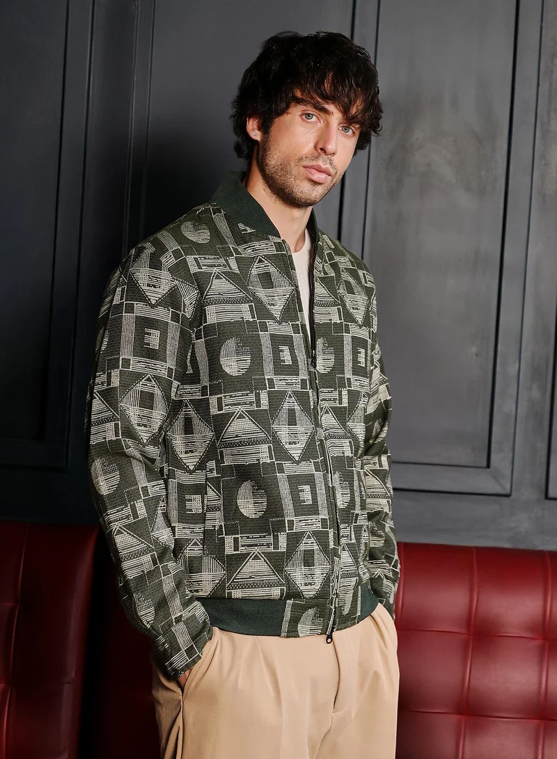 CAHOOT  Men's Dark Olive Geometric-Jacquard Bomber Jacket for Men | Best Price UAE