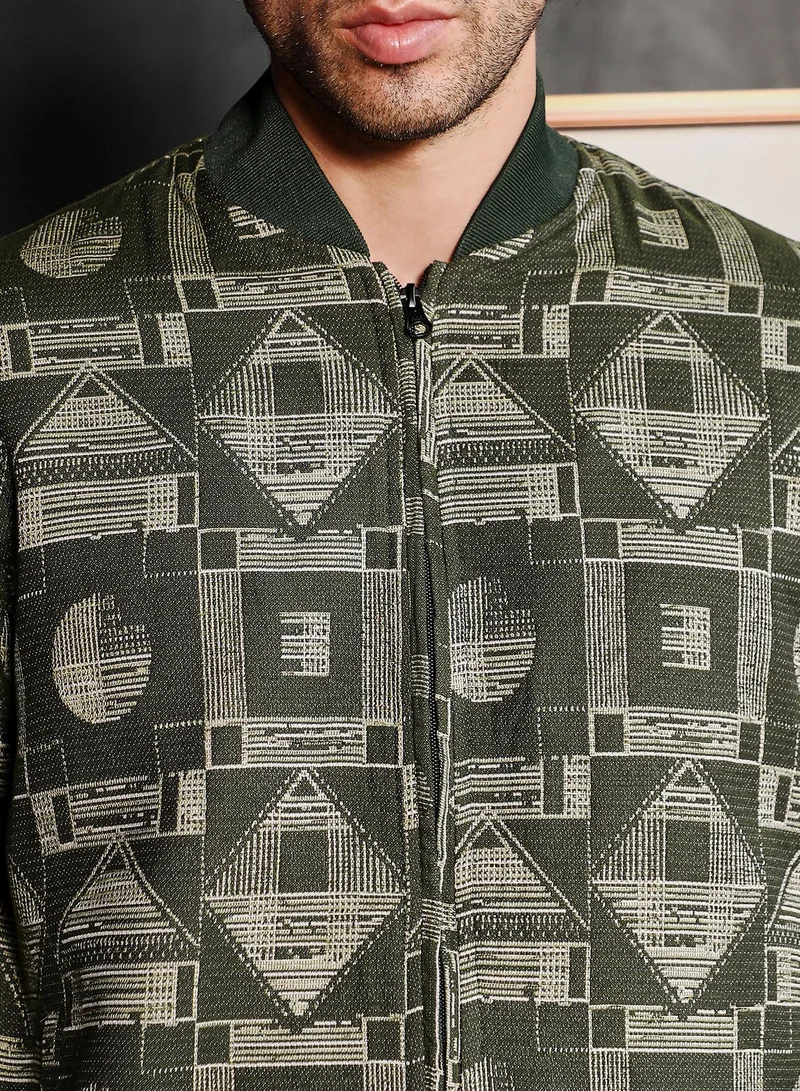 CAHOOT  Men's Dark Olive Geometric-Jacquard Bomber Jacket for Men | Best Price UAE