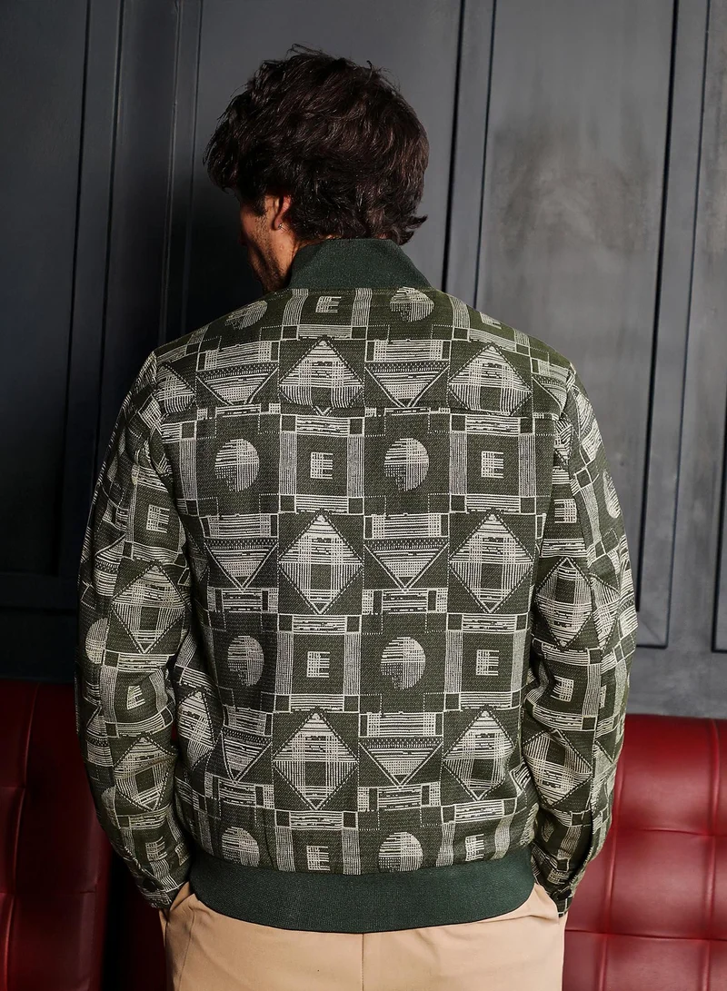 CAHOOT  Men's Dark Olive Geometric-Jacquard Bomber Jacket for Men | Best Price UAE