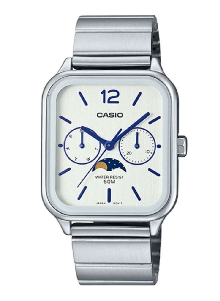 كاسيو ساعة كاسيو للرجال تصميم عصري وكلاسيكي قمري متعدد القرص أبيض بسوار من الستانلس ستيل MTP-M305D-7AVDF. - Image 1