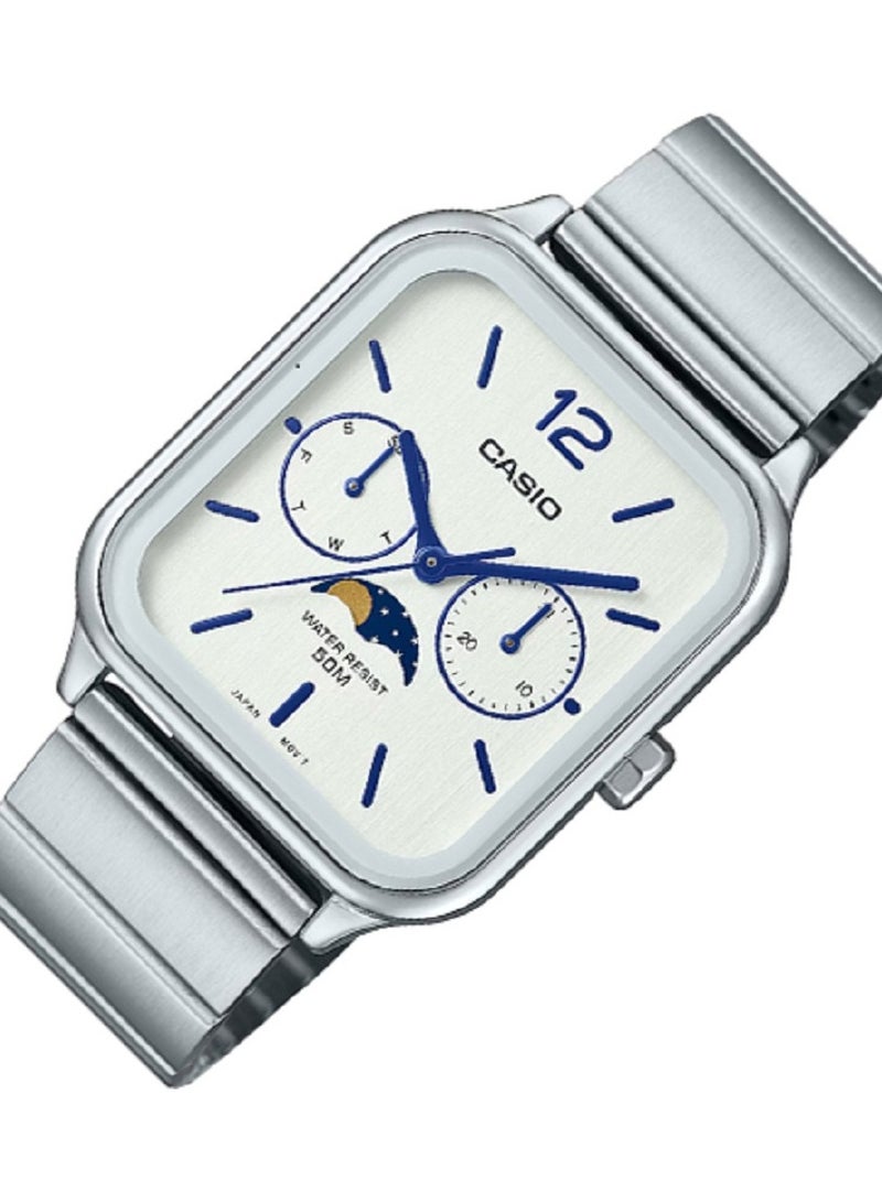 كاسيو ساعة كاسيو للرجال تصميم عصري وكلاسيكي قمري متعدد القرص أبيض بسوار من الستانلس ستيل MTP-M305D-7AVDF. - Image 2