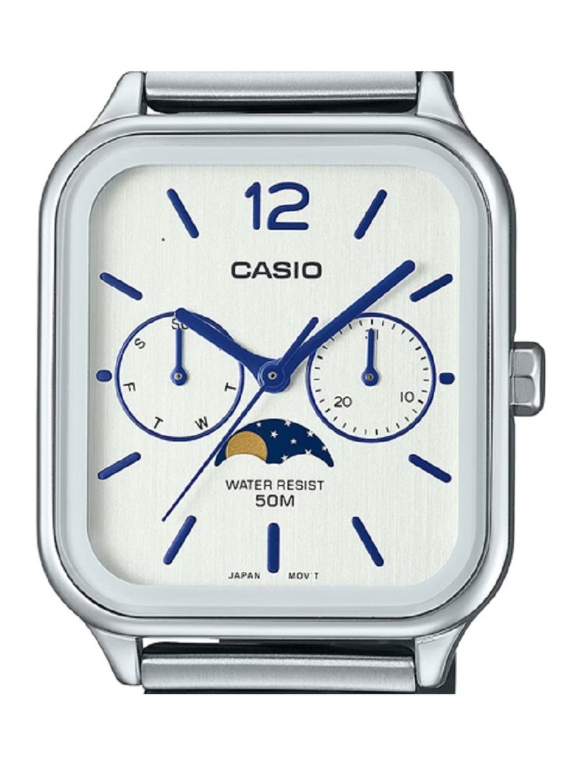 كاسيو ساعة كاسيو للرجال تصميم عصري وكلاسيكي قمري متعدد القرص أبيض بسوار من الستانلس ستيل MTP-M305D-7AVDF. - Image 4