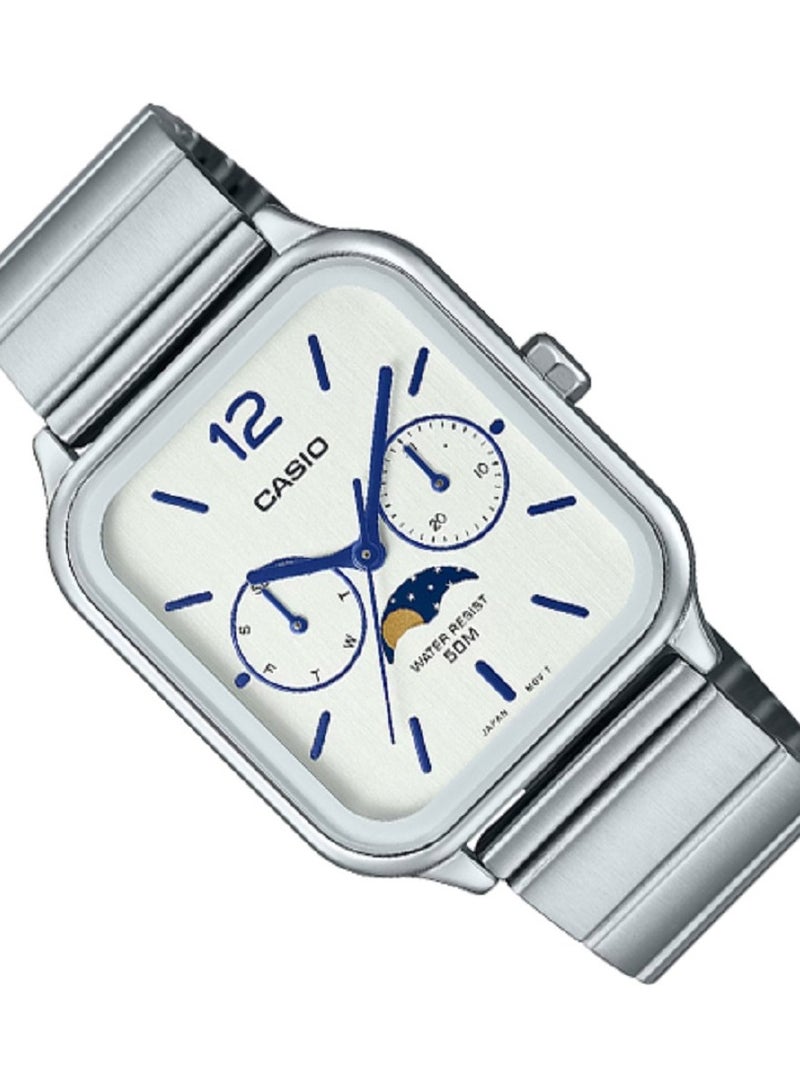 كاسيو ساعة كاسيو للرجال تصميم عصري وكلاسيكي قمري متعدد القرص أبيض بسوار من الستانلس ستيل MTP-M305D-7AVDF. - Image 3