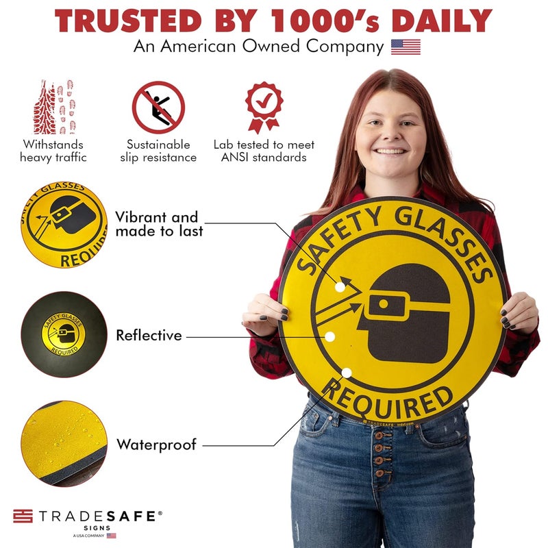 TRADESAFE Safety Glasses Required Anti-Slip Floor Sticker - Eye Protection Required Caution Sign, Peel and Stick Adhesive Vinyl Sign, ANSI-Compliant, 17” Diameter Round Sticker - Image 2