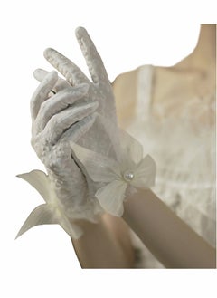 Lace Gloves, White Pearl Bow Knot Dress Accessories Full Finger Gloves for Wedding Banquet Prom Bride Ladies Girls (White)