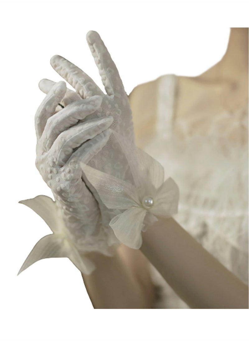 SYOSI - Lace Gloves, White Pearl Bow Knot Dress Accessories Full Finger Gloves for Wedding Banquet Prom Bride Ladies Girls (White) - Image 1