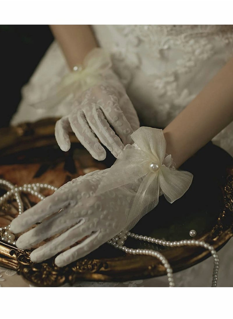 SYOSI - Lace Gloves, White Pearl Bow Knot Dress Accessories Full Finger Gloves for Wedding Banquet Prom Bride Ladies Girls (White) - Image 1