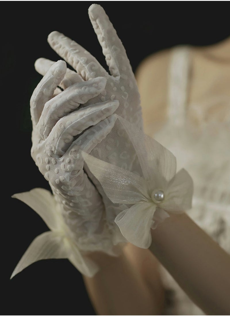 SYOSI - Lace Gloves, White Pearl Bow Knot Dress Accessories Full Finger Gloves for Wedding Banquet Prom Bride Ladies Girls (White) - Image 1