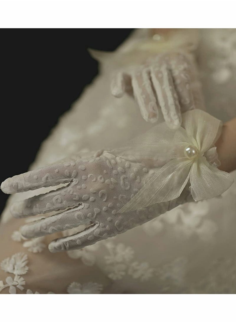 SYOSI - Lace Gloves, White Pearl Bow Knot Dress Accessories Full Finger Gloves for Wedding Banquet Prom Bride Ladies Girls (White) - Image 1