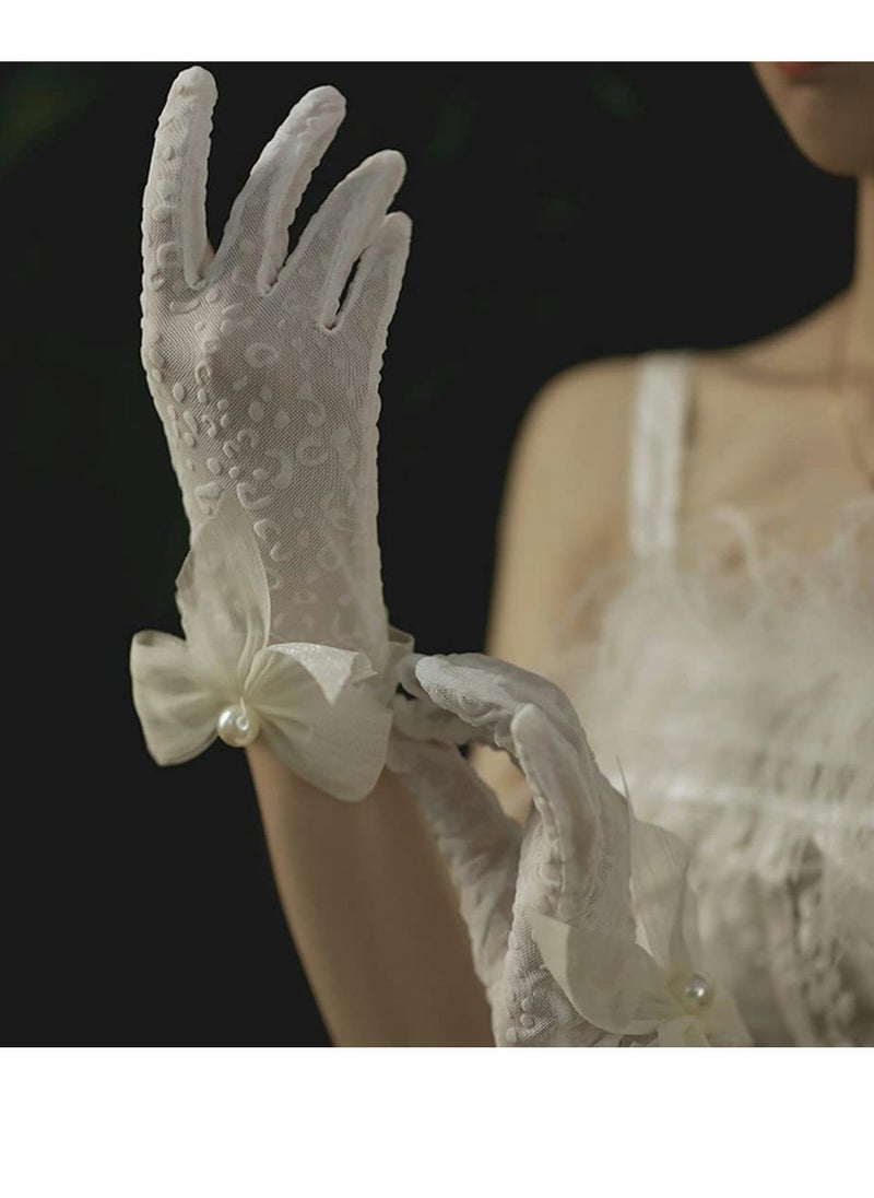 SYOSI - Lace Gloves, White Pearl Bow Knot Dress Accessories Full Finger Gloves for Wedding Banquet Prom Bride Ladies Girls (White) - Image 1