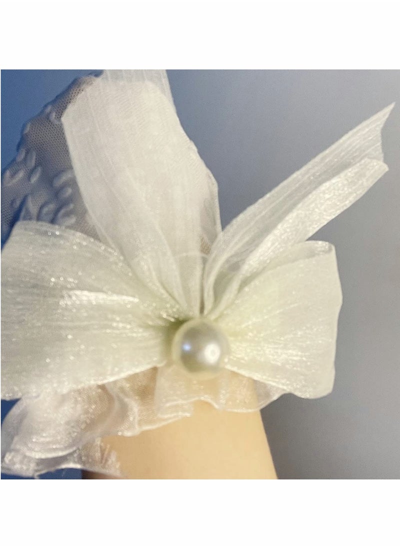 SYOSI - Lace Gloves, White Pearl Bow Knot Dress Accessories Full Finger Gloves for Wedding Banquet Prom Bride Ladies Girls (White) - Image 1