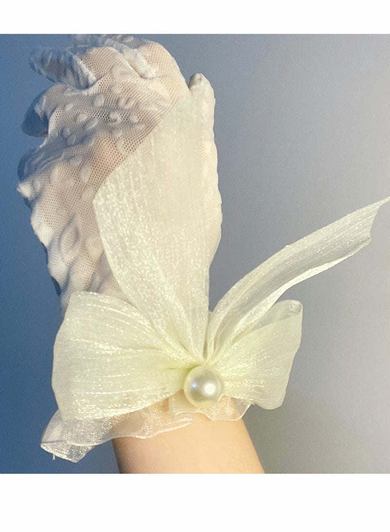 SYOSI - Lace Gloves, White Pearl Bow Knot Dress Accessories Full Finger Gloves for Wedding Banquet Prom Bride Ladies Girls (White) - Image 1