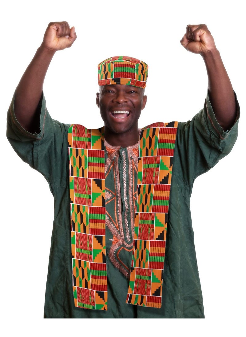 KASTWAVE - 2 Pcs African Kente Pattern Kufi Hat Kente Kufi Hat Men Hat and Kente African Print Stole Sash for Black African History Men Women Kids - Image 1