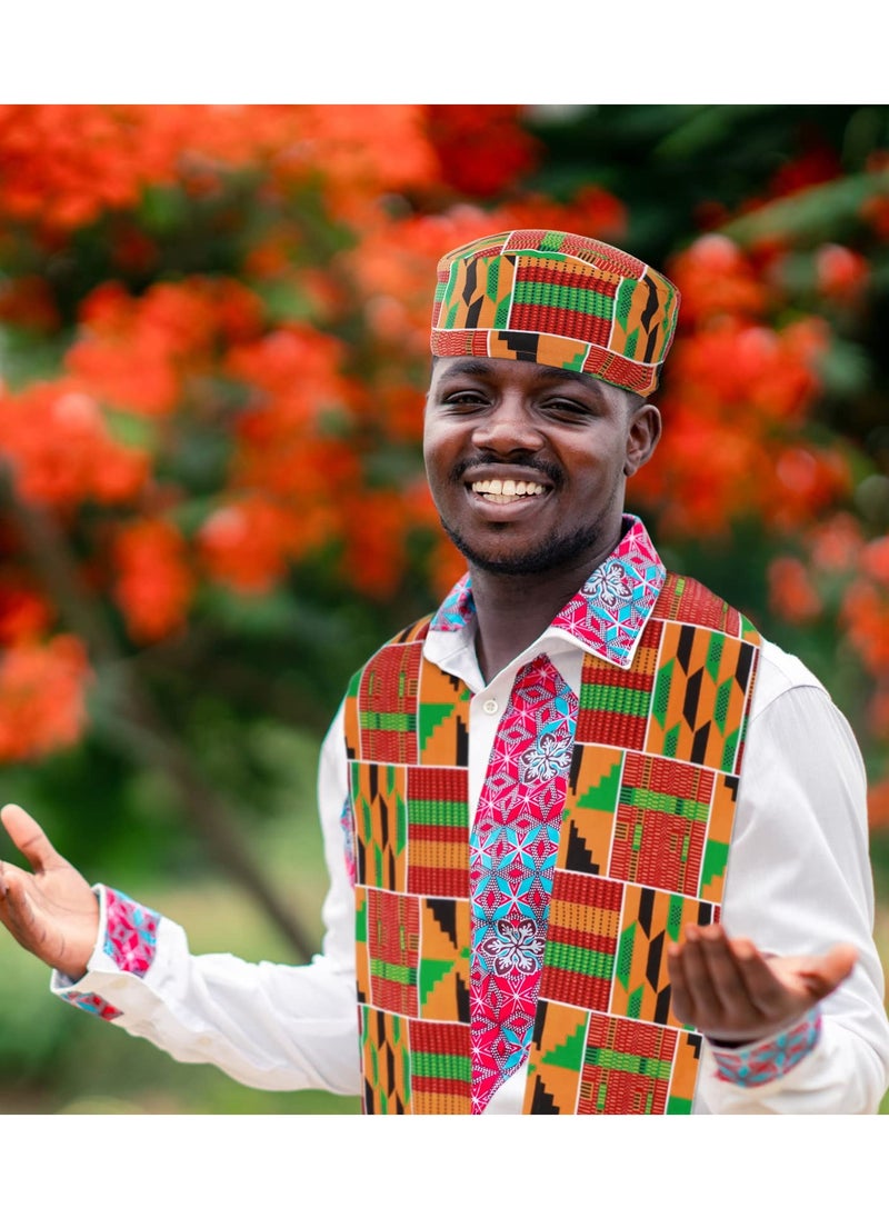 KASTWAVE - 2 Pcs African Kente Pattern Kufi Hat Kente Kufi Hat Men Hat and Kente African Print Stole Sash for Black African History Men Women Kids - Image 1