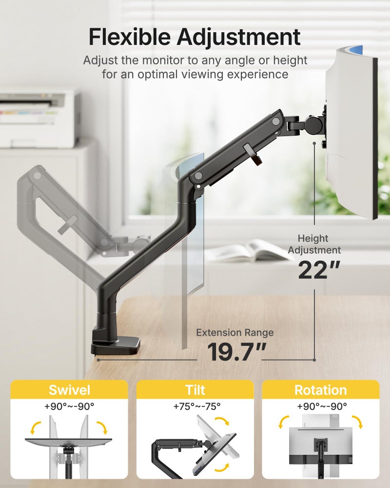 monTEK Heavy-Duty Monitor Arm for 17-57" Ultrawide Curved Screen, Supports up to 59.4 lbs, Adjustable Gas Spring Arm, 75/100 VESA Mount, Clamp & Grommet Desk Monitor Mount Single, Black - Image 4