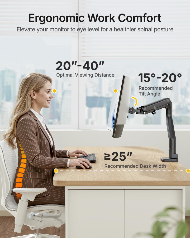 monTEK Heavy-Duty Monitor Arm for 17-57" Ultrawide Curved Screen, Supports up to 59.4 lbs, Adjustable Gas Spring Arm, 75/100 VESA Mount, Clamp & Grommet Desk Monitor Mount Single, Black - Image 3