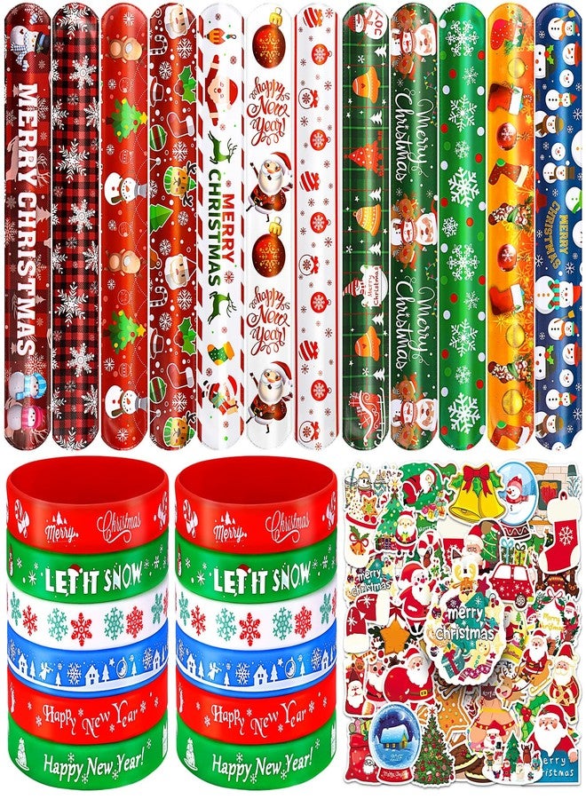 LUYI 98 PCS Christmas Slap Bracelets Rubber Wristbands and Stickers Set Xmas Slap Bracelets Bulk for Christmas Party Favors Toys Supplies Goodies Stocking Stuffers Classroom Prizes Gifts - Image 1