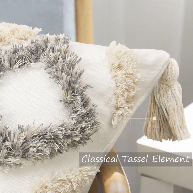 Merrycolor Boho Throw Pillow Covers 18x18 with Tassels White and Grey Decorative Throw Pillows Woven Tufted Pillowcase Modern Accent Bohemian Square Cushion Covers for Couch Sofa Bedroom Living Room - Image 2