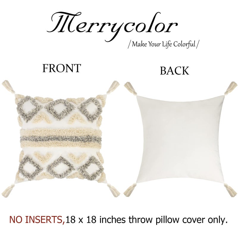 Merrycolor Boho Throw Pillow Covers 18x18 with Tassels White and Grey Decorative Throw Pillows Woven Tufted Pillowcase Modern Accent Bohemian Square Cushion Covers for Couch Sofa Bedroom Living Room - Image 4