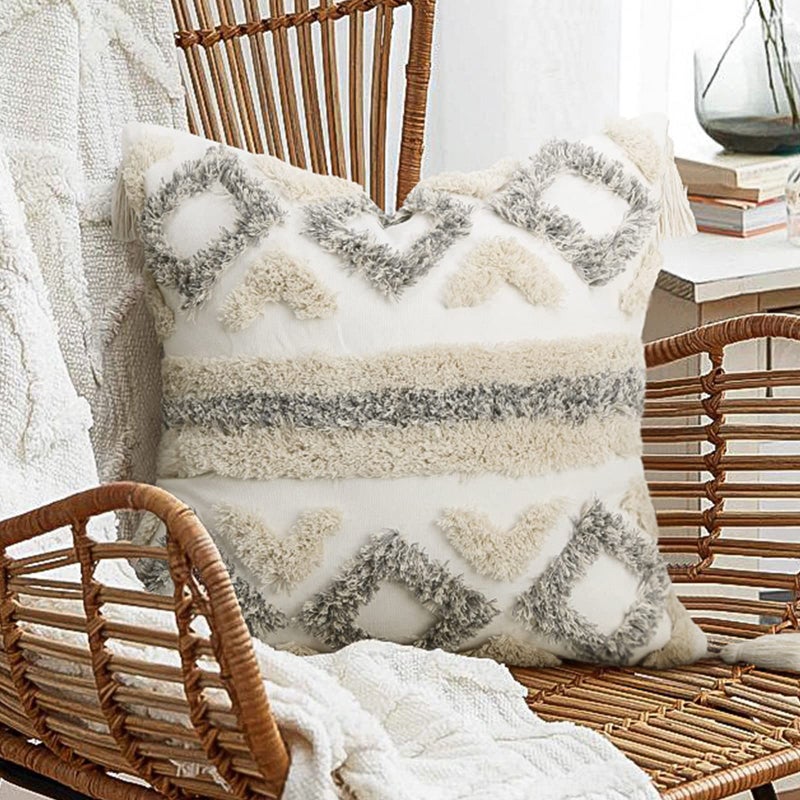 Merrycolor Boho Throw Pillow Covers 18x18 with Tassels White and Grey Decorative Throw Pillows Woven Tufted Pillowcase Modern Accent Bohemian Square Cushion Covers for Couch Sofa Bedroom Living Room - Image 1