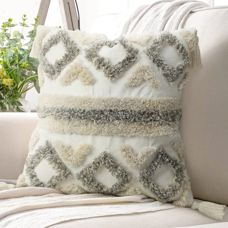 Merrycolor Boho Throw Pillow Covers 18x18 with Tassels White and Grey Decorative Throw Pillows Woven Tufted Pillowcase Modern Accent Bohemian Square Cushion Covers for Couch Sofa Bedroom Living Room - Image 5