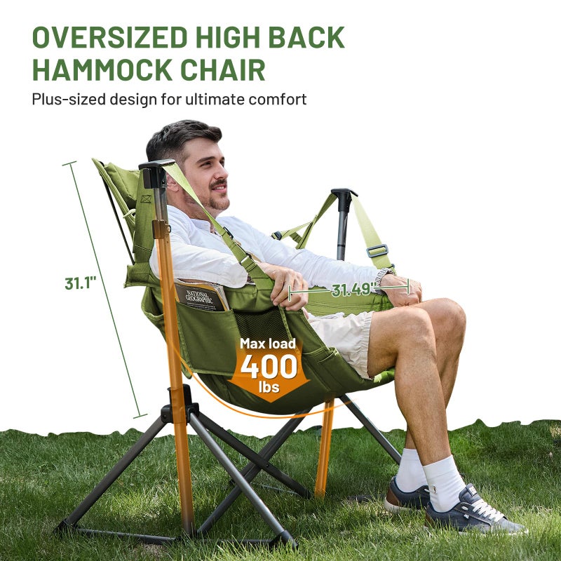 TIMBER RIDGE Hammock Camping Chair, Oversized Swinging Hammock Chair with Adjustable Back and Seat for Outdoor Lawn, Sports, Supports 400lbs, Green - Image 4