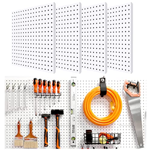 HUHOLE White Pegboard Metal Pegboard Panels 16inch X 16inch Metal Peg Board for Garage Gaming Craftroom etc 4PC as units on hand are 16X 16 4 pieces