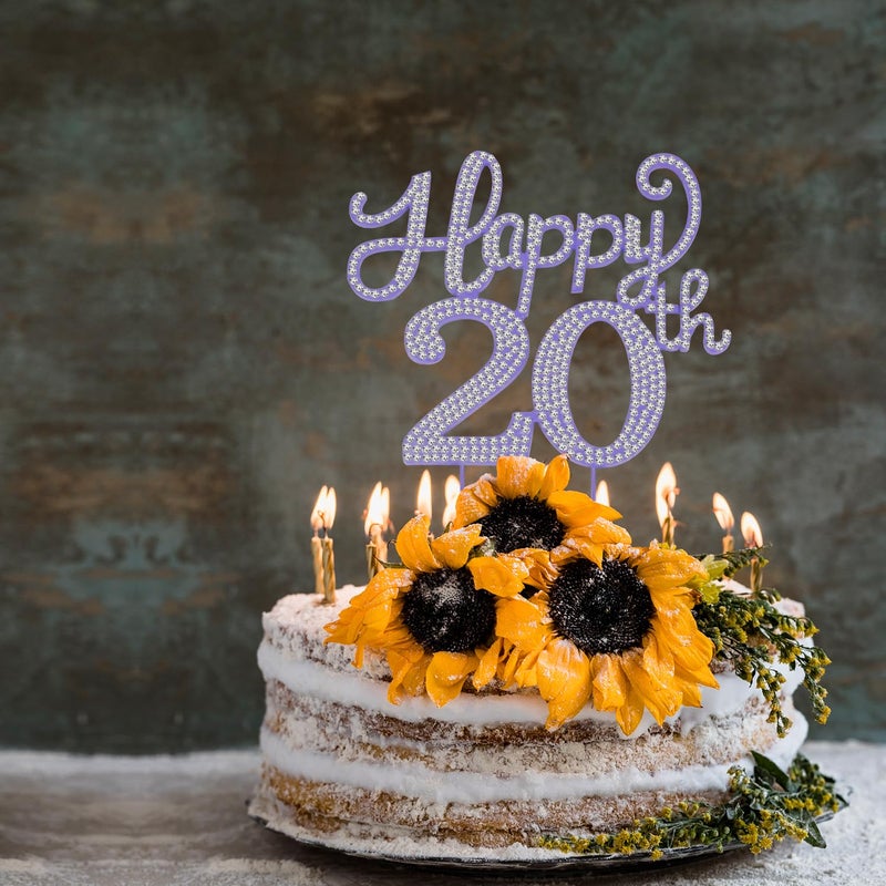 LASKYER Happy 20th Birthday Decorations 20th Birthday Purple Rhinestone Cake Topper - Cheers to Twenty Years Old Bday Party Metal Sparkly Cake Centerpieces Sign. - Image 4