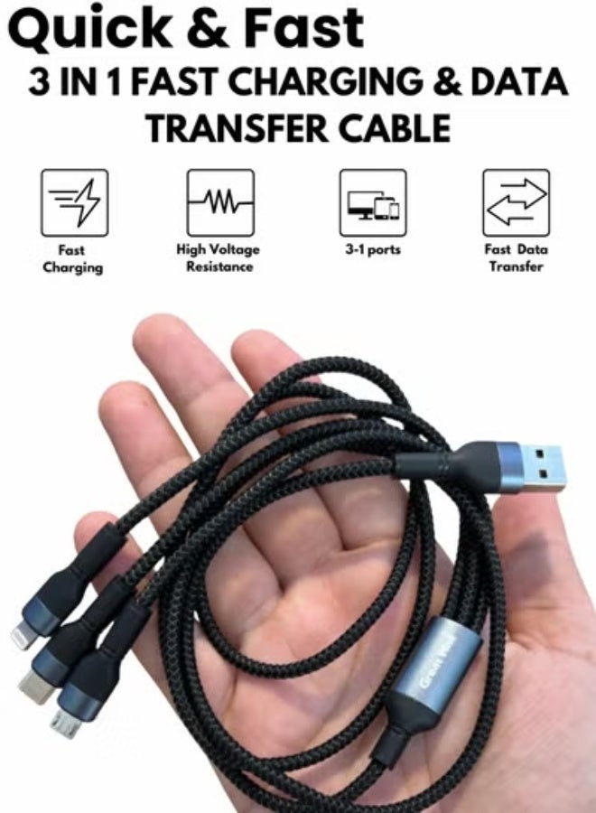 3-in-1 Multi Charging Cable USB to C type Android & iPhone Fast charging Data Transfer cable in multi colors - Image 1