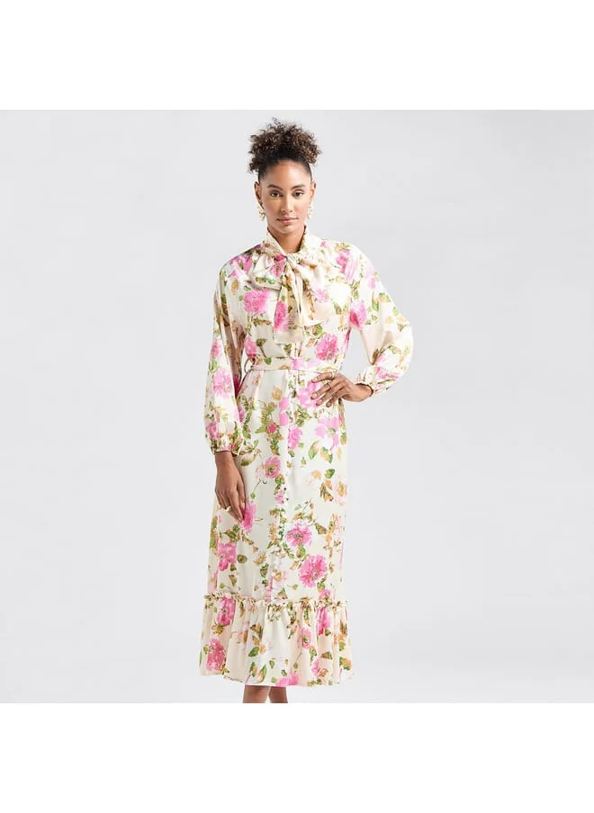 FAV All-Over Print Shirt Dress with Long Sleeves and Flounce Hem