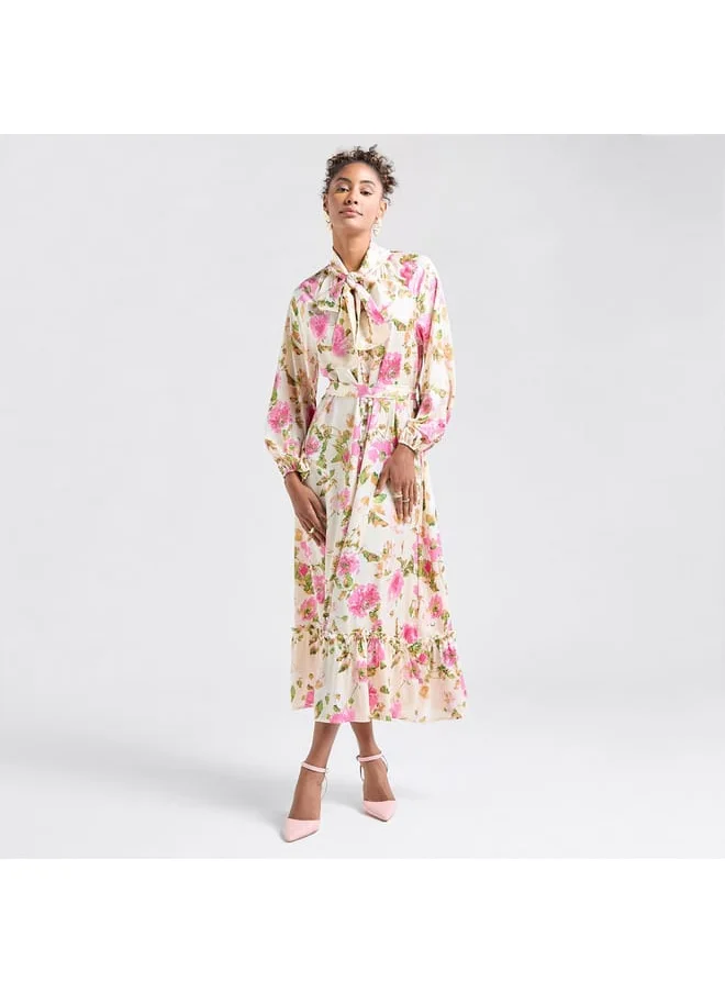 FAV All-Over Print Shirt Dress with Long Sleeves and Flounce Hem