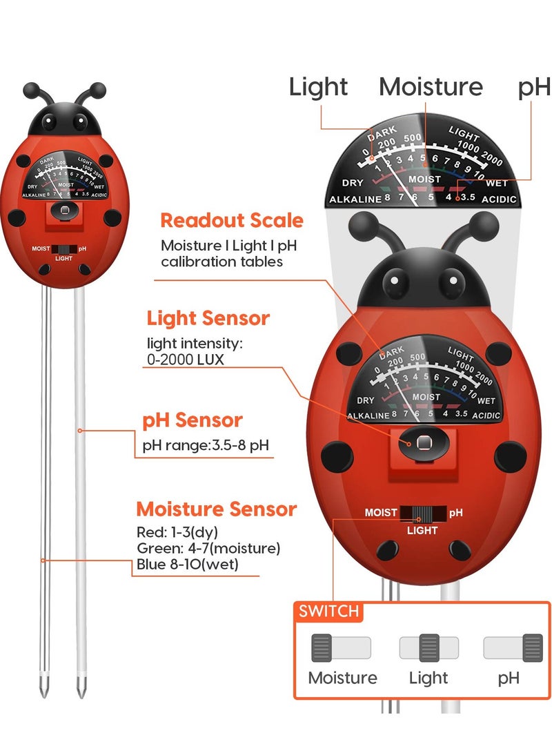 3-in-1 Soil Tester Kit - Soil pH Meter with Moisture, Light, and pH Testing for Garden, Farm, Lawn, Indoor & Outdoor Use (No Battery Required) - Cute Ladybug Design - Image 2