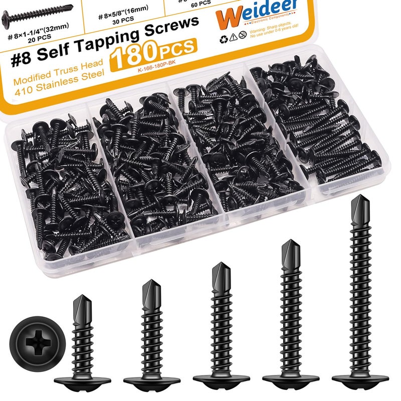 weideer 180pcs #8 Self Tapping Screws for Metal, Sheet Metal Screws, 410 Stainless Steel Black Oxide Truss Head Screws,Self Drilling Screws,Quick Tapping Screw 1/2" 5/8" 3/4" 1" 1-1/4" K-166 - Image 1
