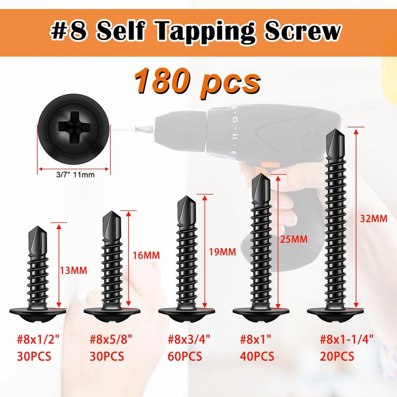weideer 180pcs #8 Self Tapping Screws for Metal, Sheet Metal Screws, 410 Stainless Steel Black Oxide Truss Head Screws,Self Drilling Screws,Quick Tapping Screw 1/2" 5/8" 3/4" 1" 1-1/4" K-166 - Image 2