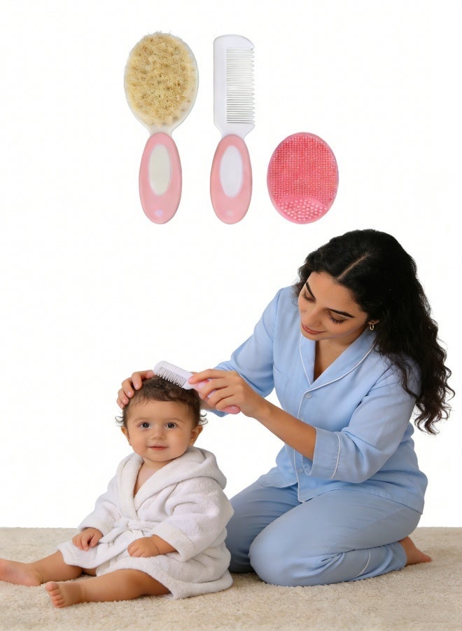 مجموعة فرش ومشط للأطفال حديثي الولادة والأطفال الصغار | الصوف الطبيعي الطري | قبعة مهد الخيار المثالي | هدية مثالية لتسجيل الطفل ( الوردي ) - Image 1