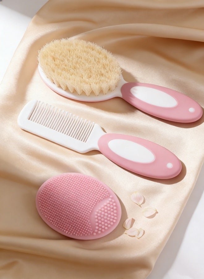 مجموعة فرش ومشط للأطفال حديثي الولادة والأطفال الصغار | الصوف الطبيعي الطري | قبعة مهد الخيار المثالي | هدية مثالية لتسجيل الطفل ( الوردي ) - Image 2