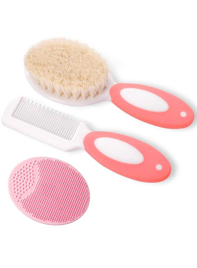 Baby Hair Brush and Comb Set for Newborns & Toddlers | Natural Soft Goat Bristles | Ideal for Cradle Cap | Perfect Baby Registry Gift (Pink)  - Image 1