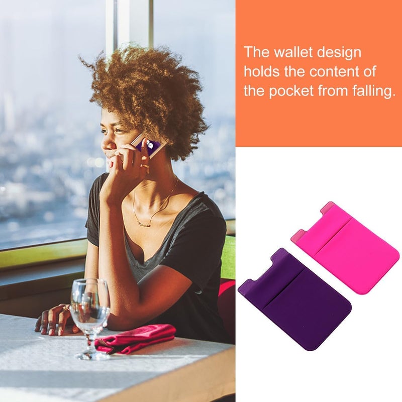 Phone Wallet Card Holder Stick-on Back Pocket for Cell Phones Rose Red and Purple Two-pack - Image 3