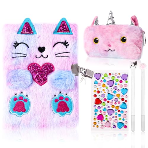 DHQH Cat Diary with Lock Gift for 6 7 8 Year Old Girl,Secret Journal Notebook Diary for Girls,Kids Journals for Girls Christmas Gift Set,Secret Diary with Pen Pouch Panda Keychain Cat Paw Pen. - Image 1