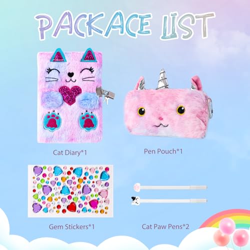 DHQH Cat Diary with Lock Gift for 6 7 8 Year Old Girl,Secret Journal Notebook Diary for Girls,Kids Journals for Girls Christmas Gift Set,Secret Diary with Pen Pouch Panda Keychain Cat Paw Pen. - Image 4