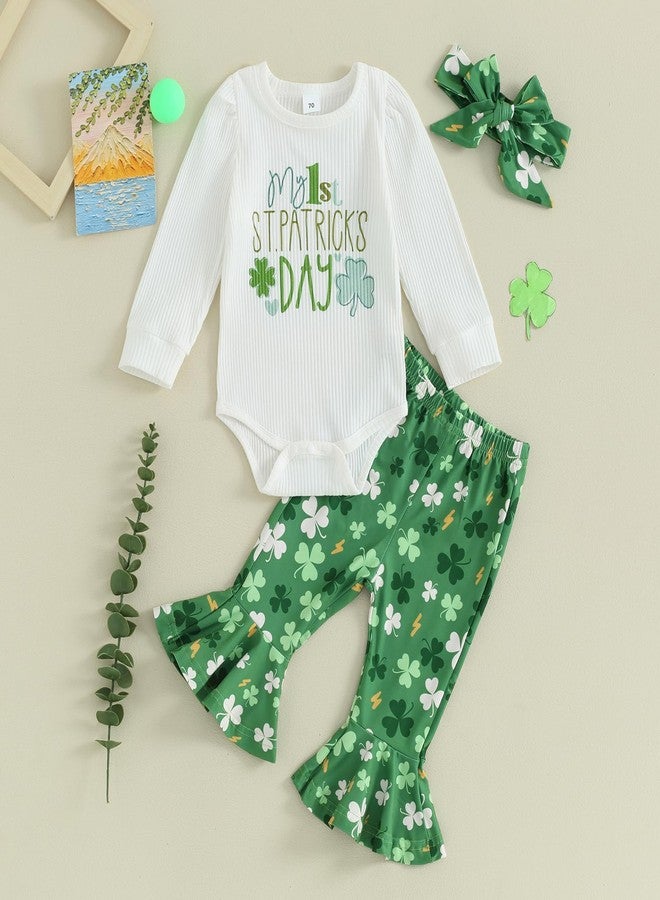 YINGISFITM My First St Patricks Day Baby Girl Outfit Newborn Clover Long Sleeve Romper Onesie Bell Bottoms Pants Clothes (My 1st ST Patricks Day, 0-3 Months) - Image 2