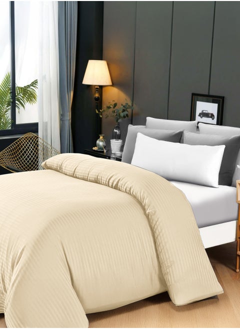 Hotel Linen Klub King Duvet Cover - 1 Piece, Luxurious 100% Cotton Sateen with 250 Thread Count, Stylish Classic Stripe Pattern with Button Closure, Size: 245 x 265 cm, Elegant Cream Aesthetic