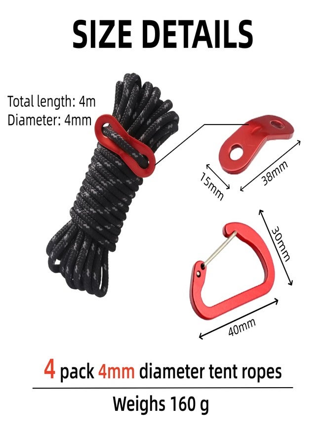 Bullplus 4 Pack 4mm Outdoor Guy Lines Tent Cords Lightweight Camping Rope with Hooks and Aluminum Guylines Adjuster Tensioner Pouch for Camping, Hiking, Climbing, Canopy Shelter etc - Image 2