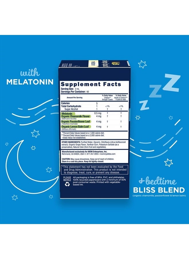 Mommy's Bliss - Kids Sleep Liquid with Melatonin & Calming Herbs | Supports The Natural Sleep Process for Children 3 Years & Up | Grape Flavor | Sugar Free| 4 Fl Oz (60 Servings), pack of 1 - Image 1