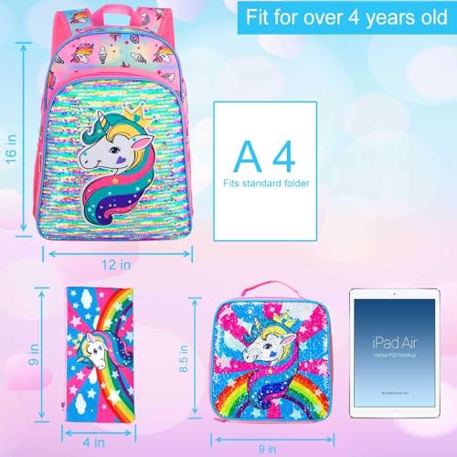GXTVO 3PCS Unicorn Backpack for Girls, 16" Sequin Prechool Elementary Bookbag and Lunch Box - Image 4